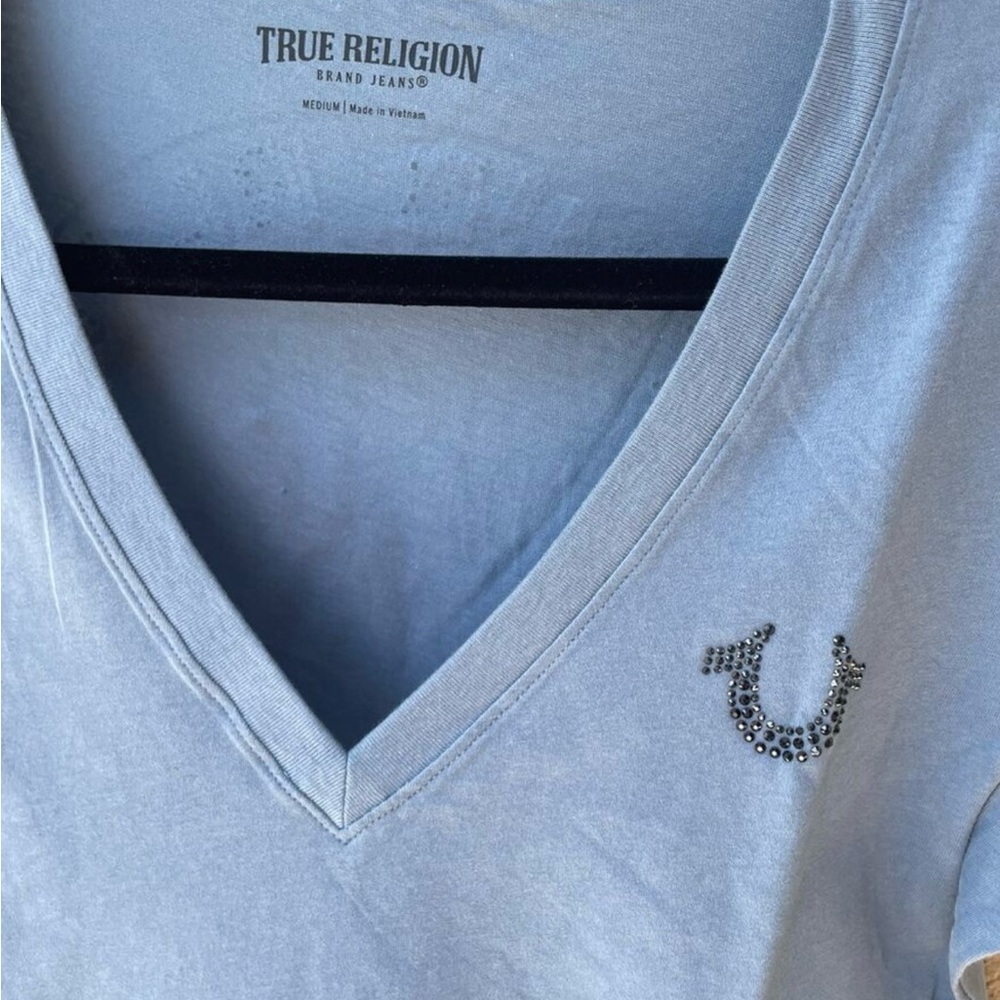 True Religion Women's Light Blue V-Neck Top